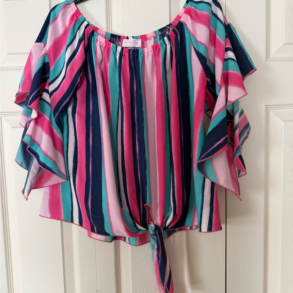 Pink Lily - Pink and Teal Striped Blouse